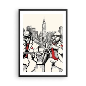 Póster en marco negro - Dos músicos de jazz con el horizonte de la ciudad como telón de fondo. - 50x70cm - Improvisación en Nueva York - Decoración de pared moderna para salón y dormitorio ARTTOR