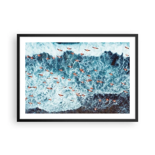 Póster en marco negro - Una vista aérea de flamencos rosados sobre un océano azul. - 70x50cm - Un desfile marítimo - Decoración de pared moderna para salón y dormitorio ARTTOR
