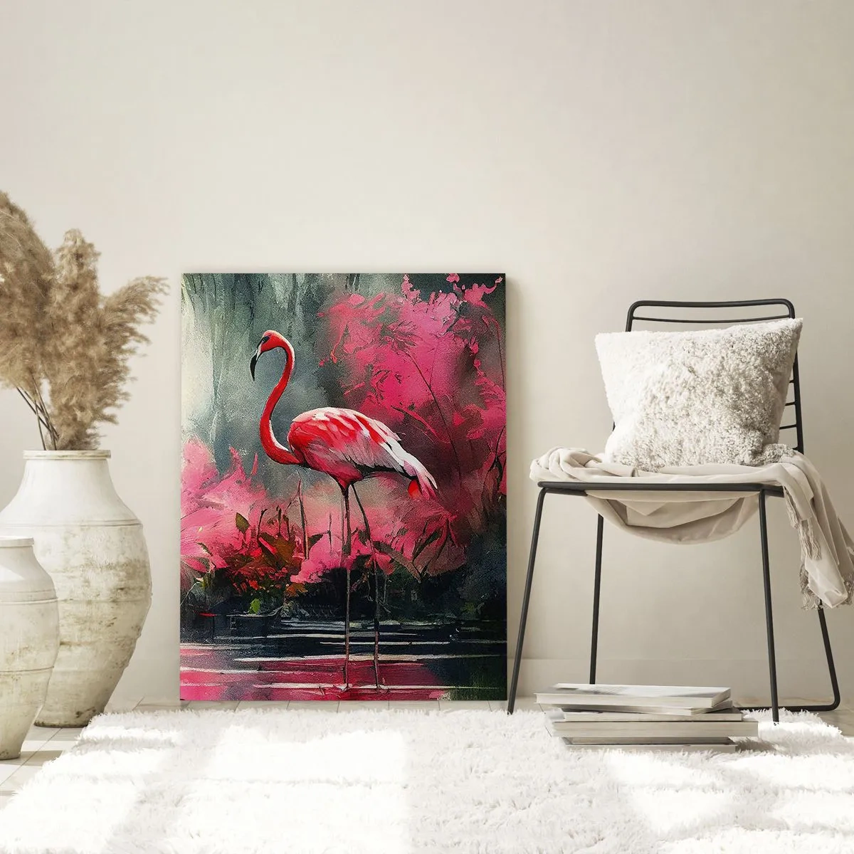 Cuadro sobre vidrio - Impresiones sobre Vidrio - Dos flamencos en un entorno tropical junto al agua. - 50x70cm - Una lección de encanto natural - Decoración de pared moderna para salón y dormitorio ARTTOR