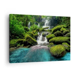 Cuadro sobre lienzo - Impresión de Imagen - Una cascada tropical rodeada de vegetación y agua turquesa. - 70x50cm - Turquesa, zafiro y plata líquida - Decoración de pared moderna para salón y dormitorio ARTTOR