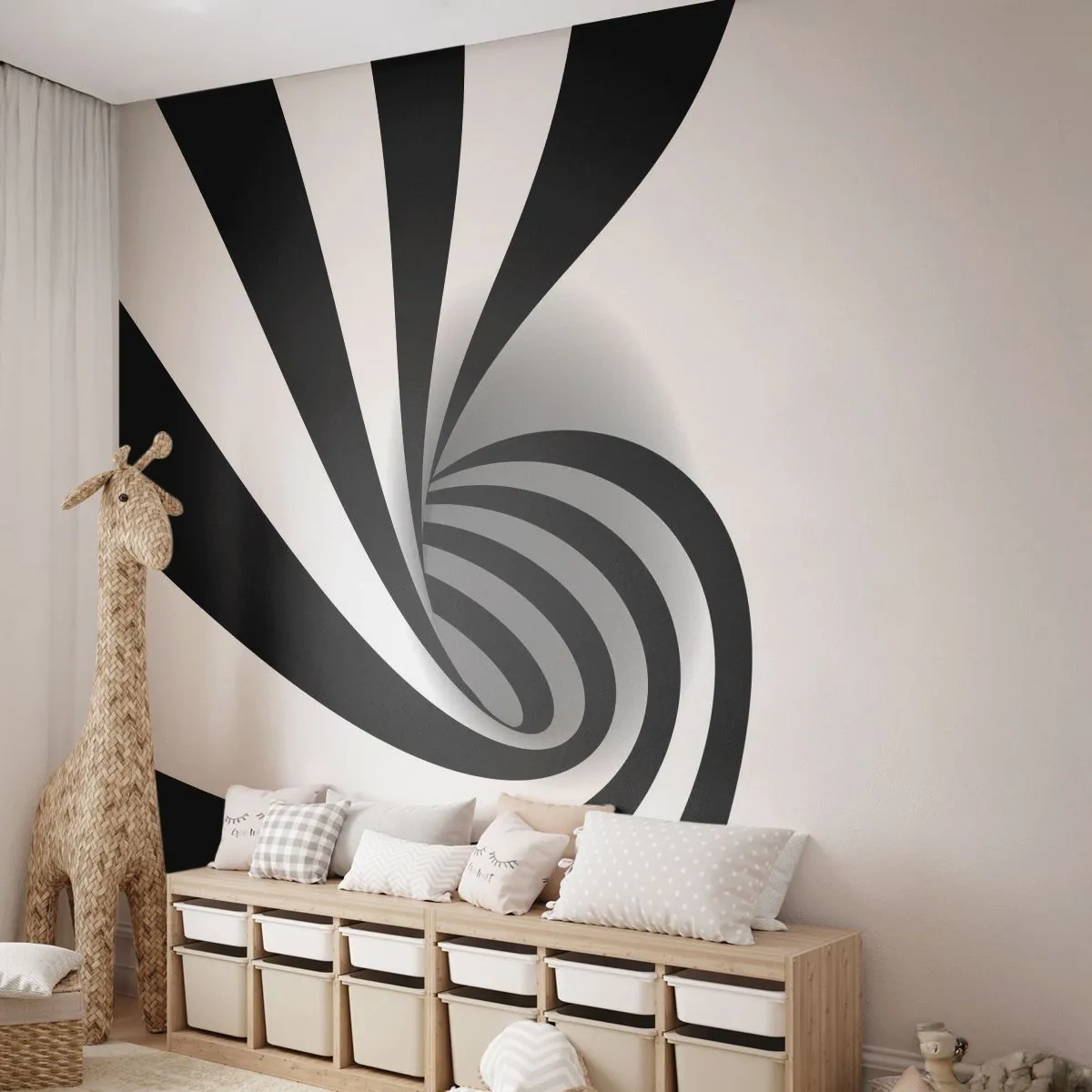 Fotomural Premium Sand - Espiral abstracta en blanco y negro - 100x70cm - Y sin embargo, gira - Decoración de pared moderna para salón y dormitorio ARTTOR