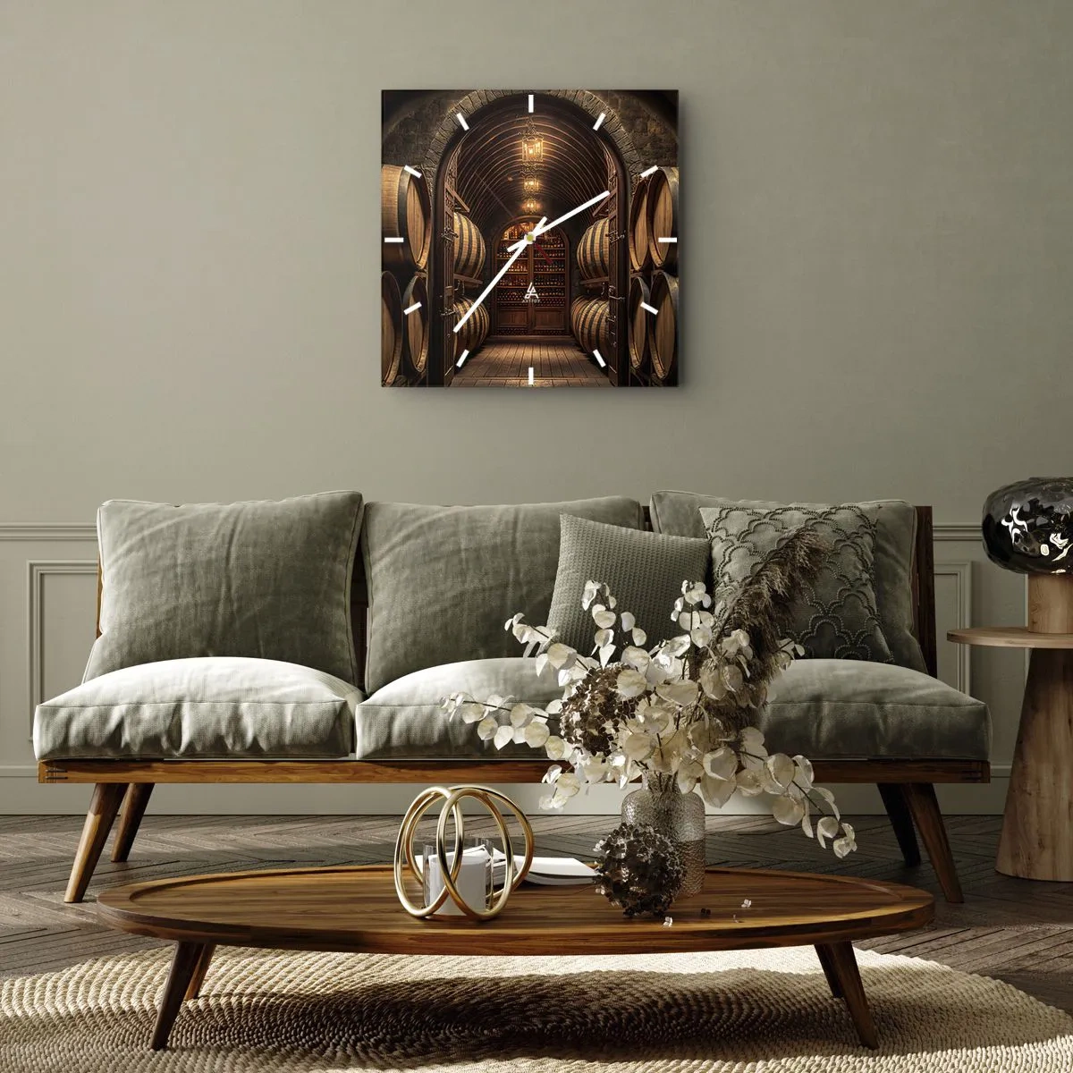 Reloj de pared - Reloj de vidrio - Bodega con barriles de madera y estantes para vinos. - 30x30cm - Sótano atmosférico - Decoración de pared moderna para salón y dormitorio ARTTOR
