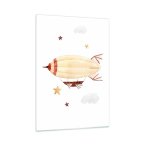 Cuadro sobre vidrio - Impresiones sobre Vidrio - Un dirigible de dibujos animados entre las estrellas sobre un fondo blanco. - 50x70cm - Dirigible - Decoración de pared moderna para salón y dormitorio ARTTOR
