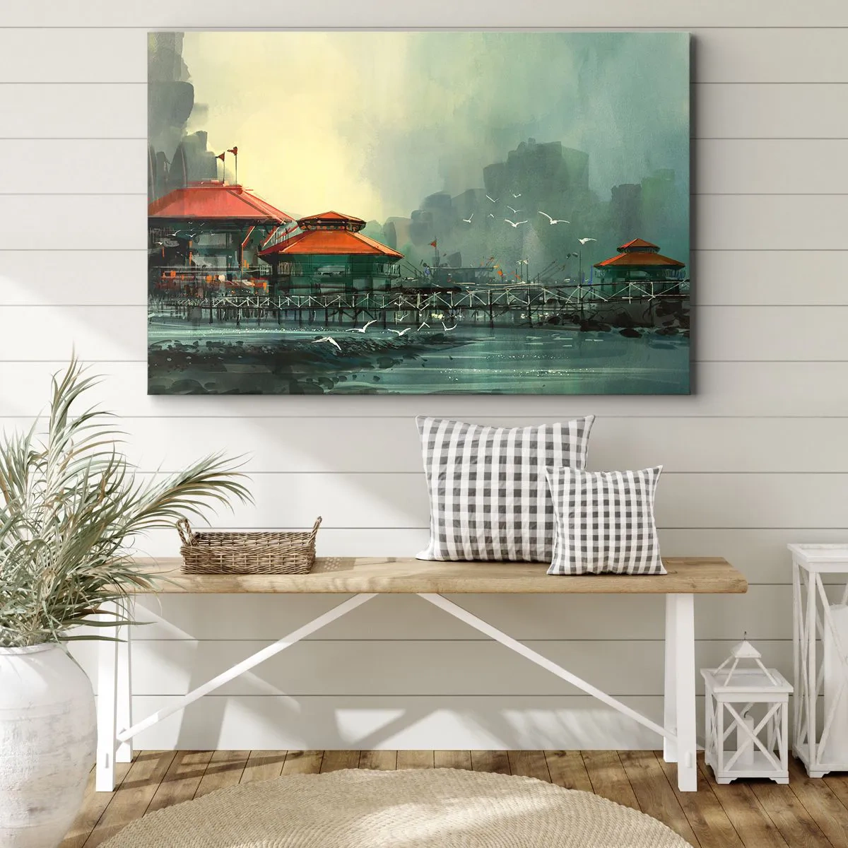 Cuadro sobre lienzo - Impresión de Imagen - Edificios portuarios en un paisaje lluvioso con gaviotas - 70x50cm - Un día soleado en el puerto - Decoración de pared moderna para salón y dormitorio ARTTOR
