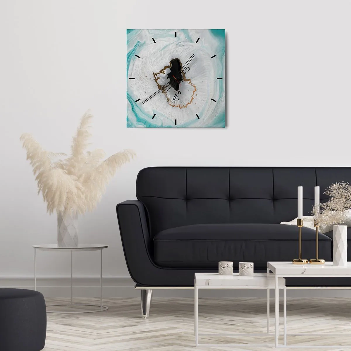 Reloj de pared - Reloj de vidrio - Motivo de geoda abstracta en tonos turquesa, blanco y dorado. - 30x30cm - Para acceder al interior - Decoración de pared moderna para salón y dormitorio ARTTOR