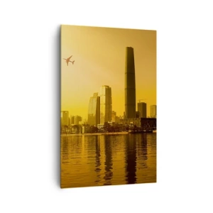 Cuadro sobre lienzo - Impresión de Imagen - Panorama de la ciudad al atardecer con rascacielos y un avión. - 80x120cm - La ciudad dorada - Decoración de pared moderna para salón y dormitorio ARTTOR
