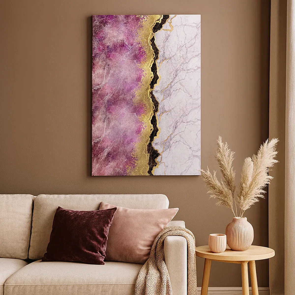 Cuadro sobre lienzo - Impresión de Imagen - Mármol abstracto en tonos rosa con acentos dorados. - 50x70cm - En la frontera - Decoración de pared moderna para salón y dormitorio ARTTOR
