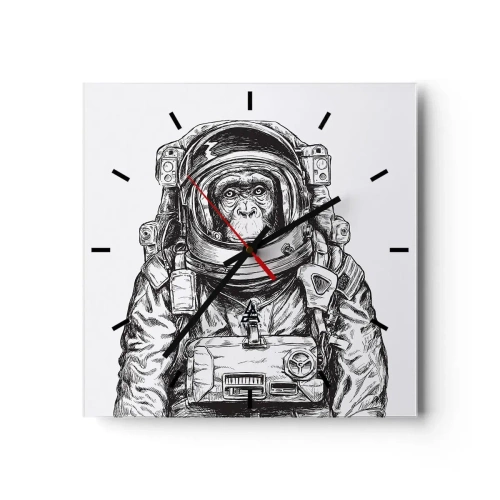 Reloj de pared - Reloj de vidrio - Gráfico de un astronauta en un traje espacial con cabeza de mono. - 30x30cm - Evolución alternativa - Decoración de pared moderna para salón y dormitorio ARTTOR