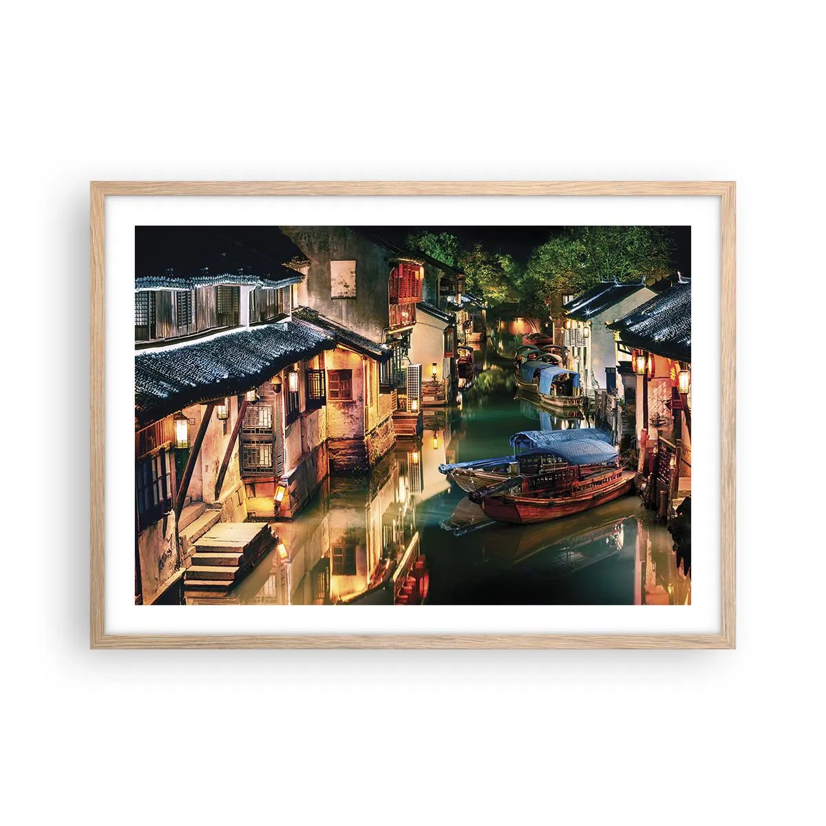 Póster en marco roble claro - Noche en una calle china - 70x50 cm
