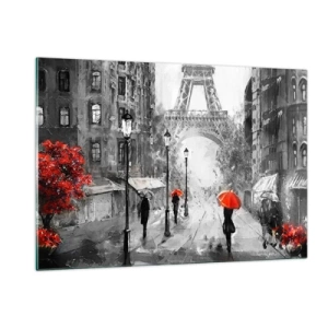 Cuadro sobre vidrio - Impresiones sobre Vidrio - La Torre Eiffel en un paisaje monocromático con acentos rojos. - 120x80cm - Todos los caminos conducen a ella - Decoración de pared moderna para salón y dormitorio ARTTOR