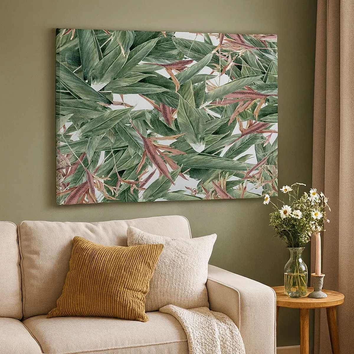 Cuadro sobre lienzo - Impresión de Imagen - Un motivo decorativo de hojas en tonos verdes y burdeos sobre un fondo claro. - 70x50cm - Naturaleza esmeralda y lila - Decoración de pared moderna para salón y dormitorio ARTTOR