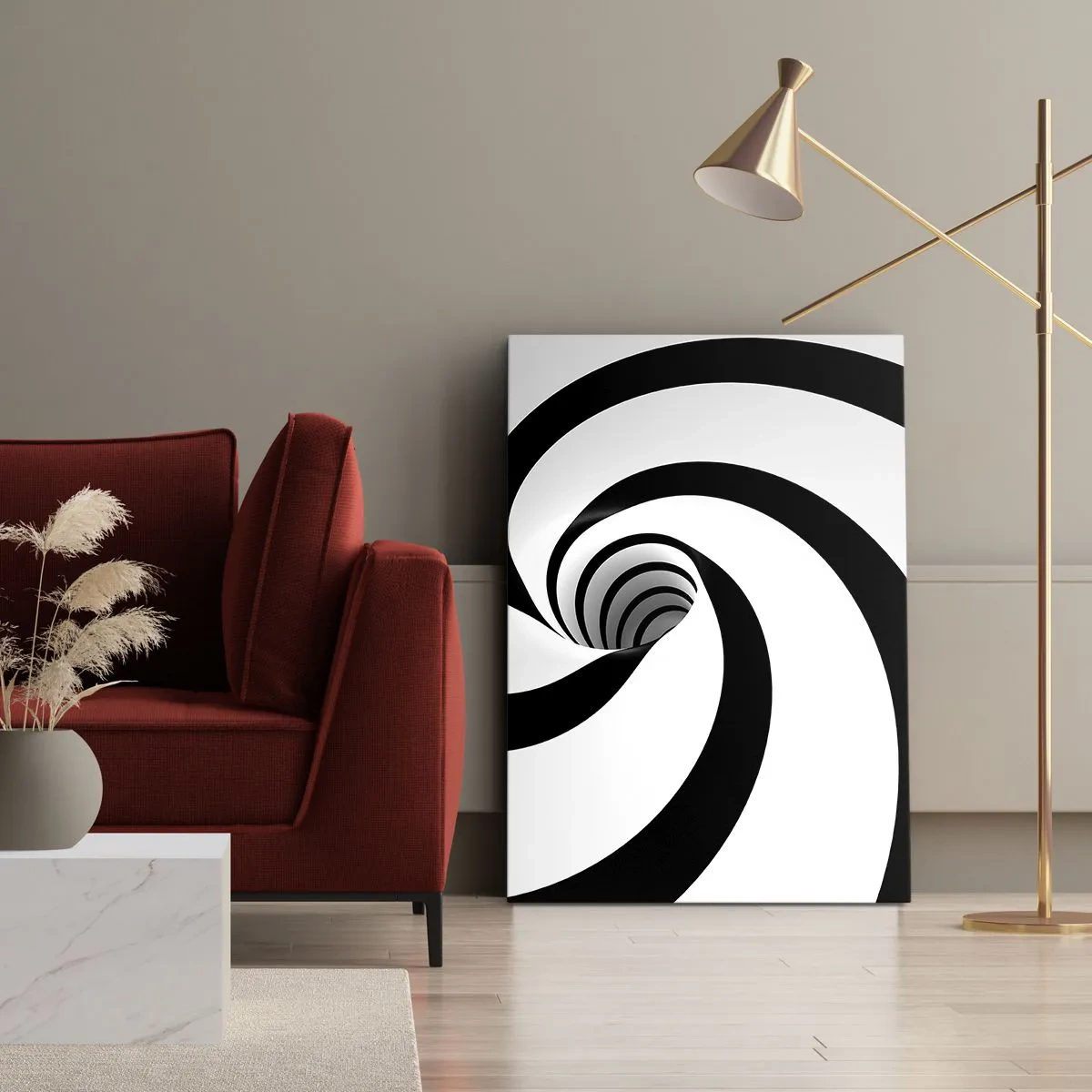 Cuadro sobre lienzo - Impresión de Imagen - Espiral abstracta en blanco y negro con efecto de remolino - 50x70cm - ¿Ceder al torbellino? - Decoración de pared moderna para salón y dormitorio ARTTOR