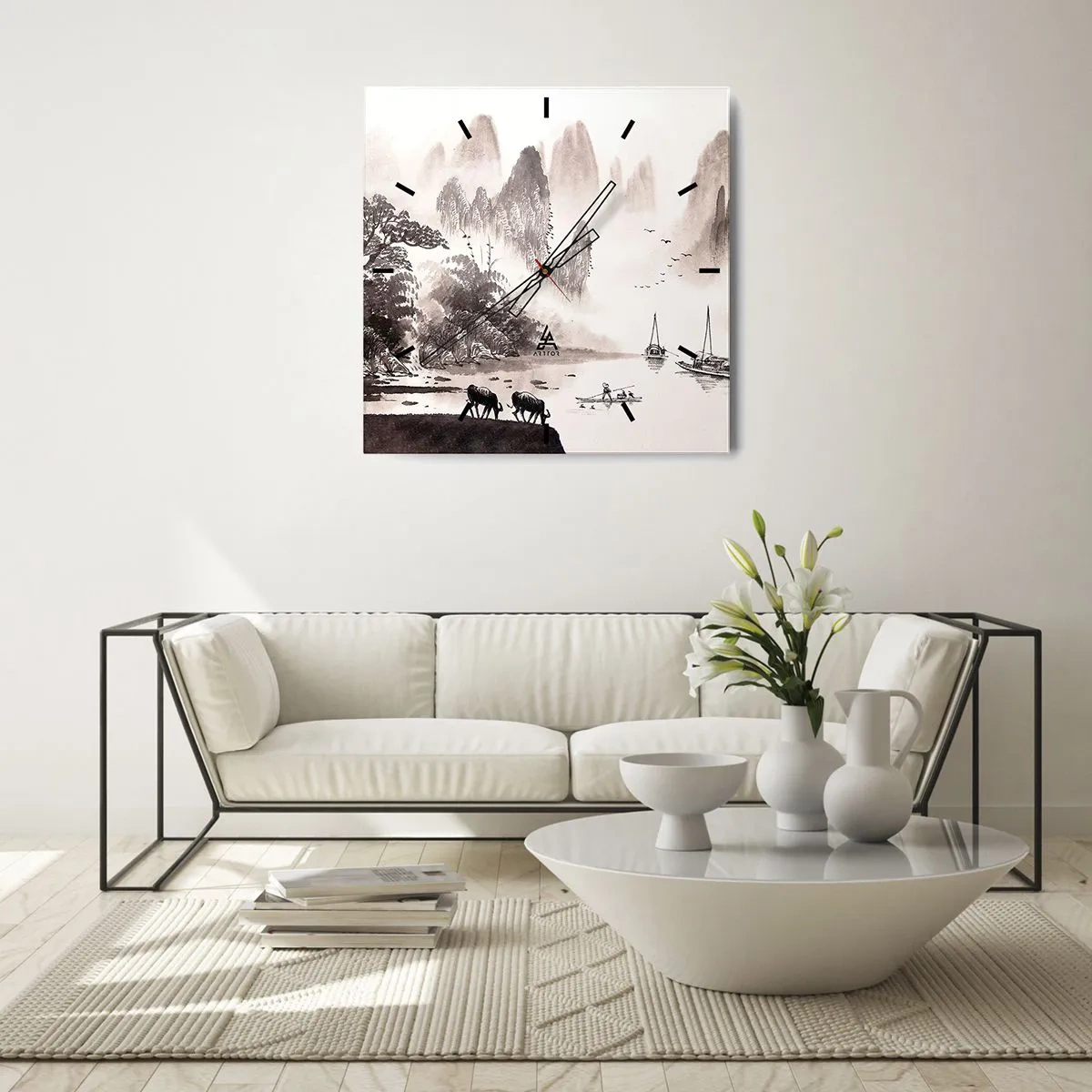 Reloj de pared - Reloj de vidrio - Un pintoresco paisaje de estilo asiático con montañas brumosas. - 30x30cm - La exótica vida cotidiana de Oriente - Decoración de pared moderna para salón y dormitorio ARTTOR