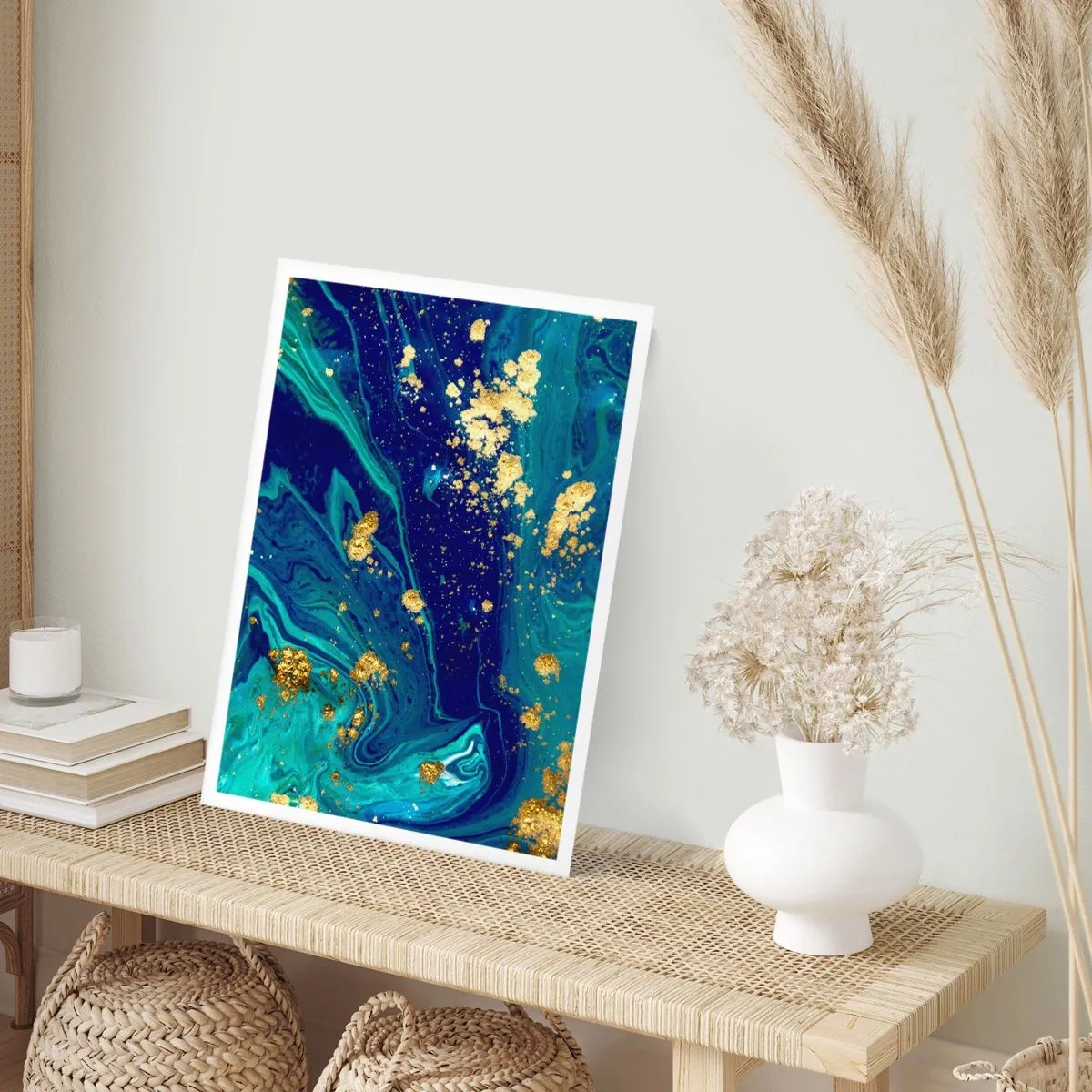 Póster - Patrón abstracto en tonos azules y dorados. - 50x70cm - Pétalos de sol - Decoración de pared moderna para salón y dormitorio ARTTOR