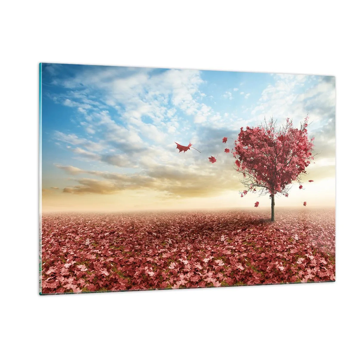 Cuadro sobre vidrio - Impresiones sobre Vidrio - Un árbol en forma de corazón contra un campo de hojas rojas. - 120x80cm - Amor de otoño - Decoración de pared moderna para salón y dormitorio ARTTOR