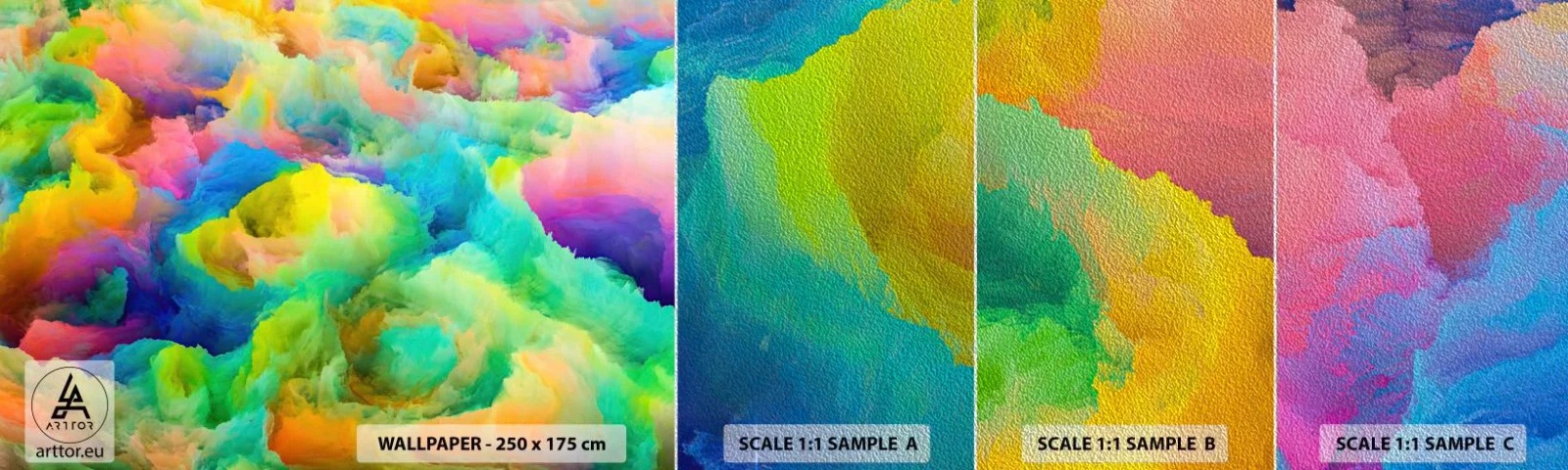 Muestra de fotomural Premium Sand - Arco iris borroso - Abstracción, Pedazo, colores pasteles - 100x30 cm