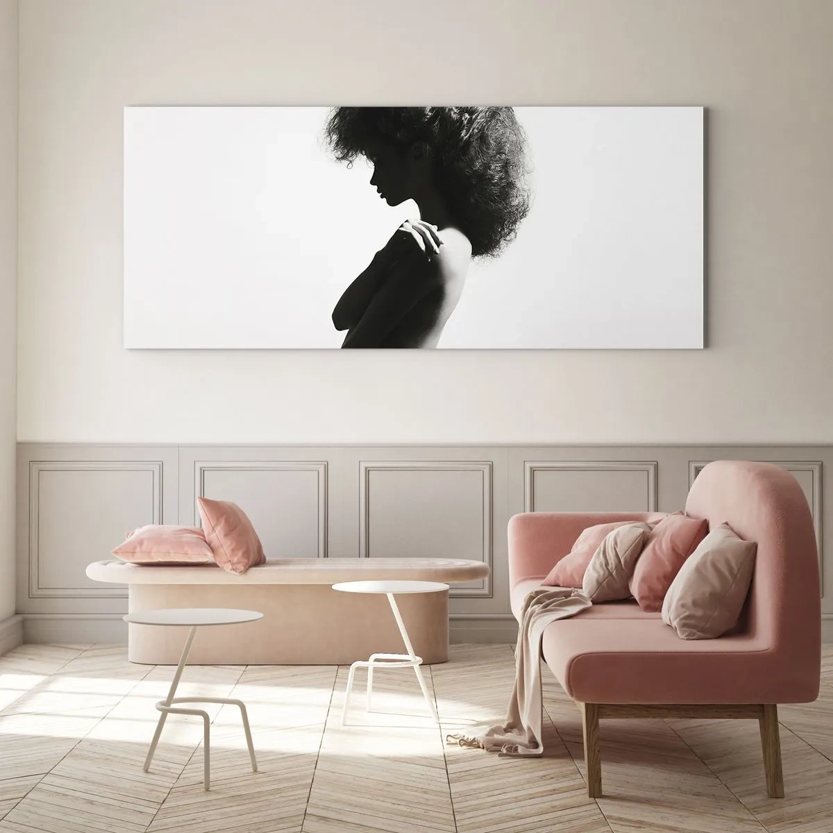 Cuadro sobre vidrio - Impresiones sobre Vidrio - Una silueta sutil de una mujer en tonos blanco y negro sobre un fondo claro. - 140x50cm - Como una flor en un tallo delgado - Decoración de pared moderna para salón y dormitorio ARTTOR
