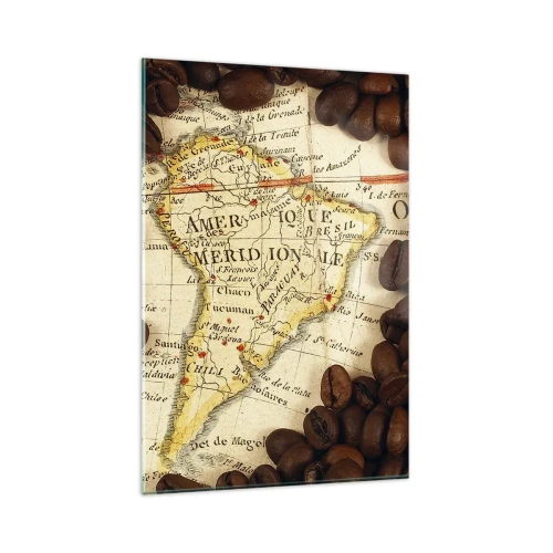 Cuadro sobre vidrio - Impresiones sobre Vidrio - Un mapa de Sudamérica rodeado de granos de café. - 80x120cm - ¿De dónde viene el mejor café? - Decoración de pared moderna para salón y dormitorio ARTTOR