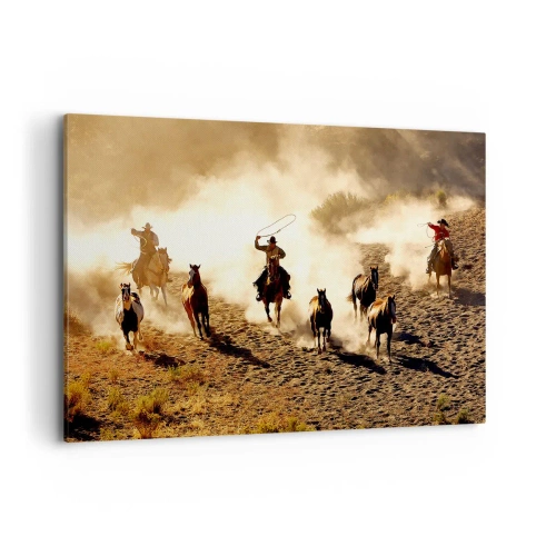 Cuadro sobre lienzo - Impresión de Imagen - Vaqueros a caballo en acción en el terreno desértico. - 120x80cm - El salvaje oeste - Decoración de pared moderna para salón y dormitorio ARTTOR