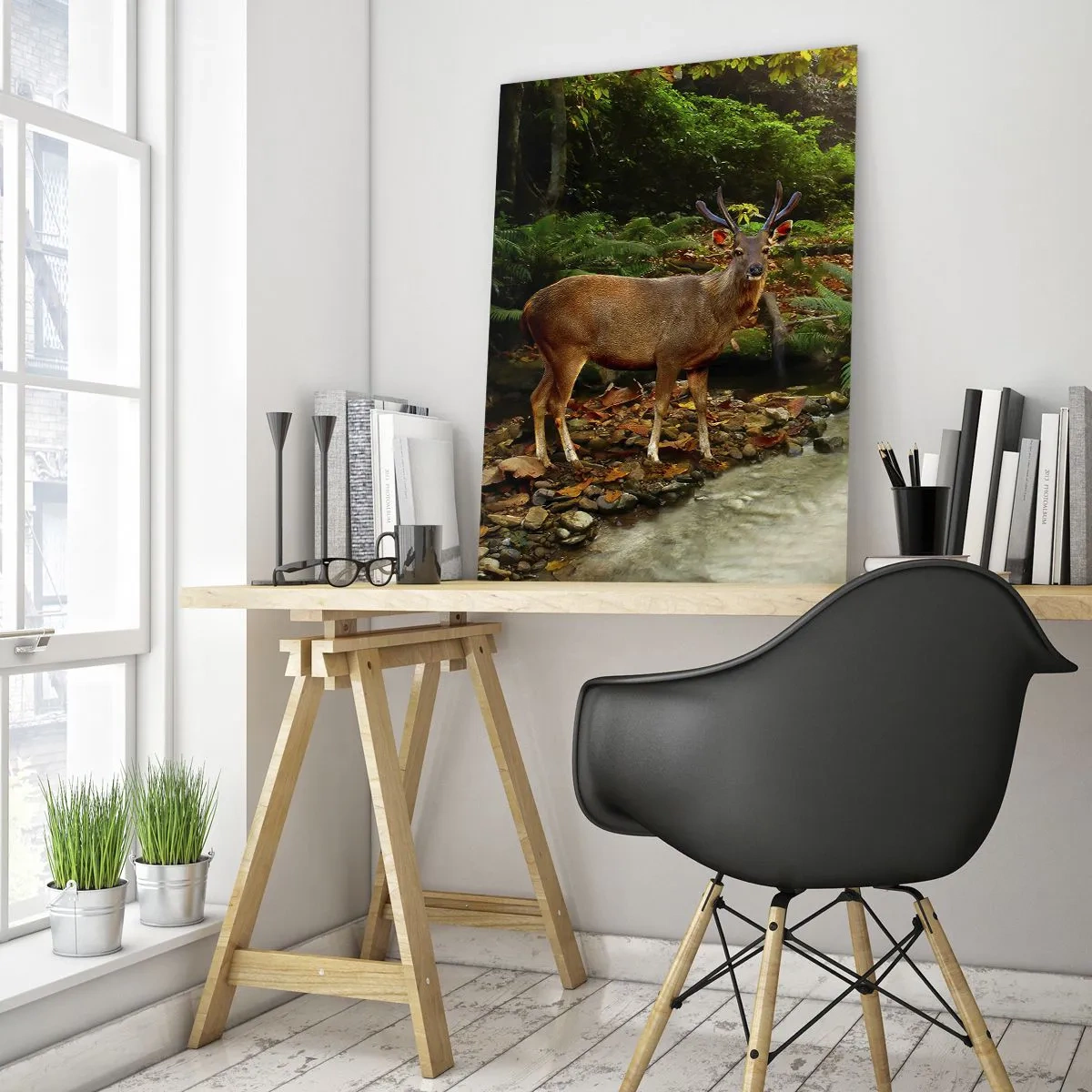Cuadro sobre vidrio - Impresiones sobre Vidrio - Un ciervo junto a un arroyo en un bosque iluminado por el sol. - 50x70cm - Bienvenido a mi mundo - Decoración de pared moderna para salón y dormitorio ARTTOR