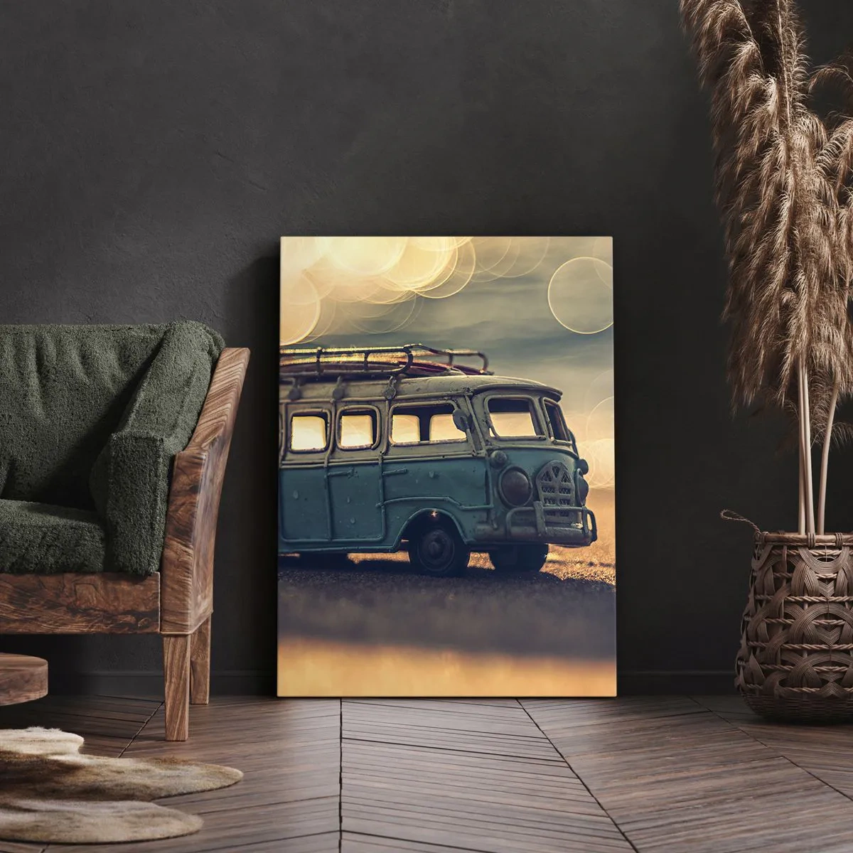 Cuadro sobre lienzo - Impresión de Imagen - Autobús retro contra una luz borrosa - 50x70cm - El fin de los ídolos del dinero y del trabajo - Decoración de pared moderna para salón y dormitorio ARTTOR