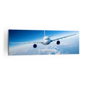 Cuadro sobre lienzo - Impresión de Imagen - Un avión volando sobre las nubes contra un cielo azul. - 160x50cm - Vuelo porque quiero - Decoración de pared moderna para salón y dormitorio ARTTOR