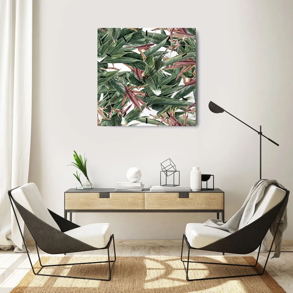 Reloj de pared - Reloj de vidrio - Un motivo decorativo de hojas en tonos verdes y burdeos sobre un fondo claro. - 30x30cm - Naturaleza esmeralda y lila - Decoración de pared moderna para salón y dormitorio ARTTOR