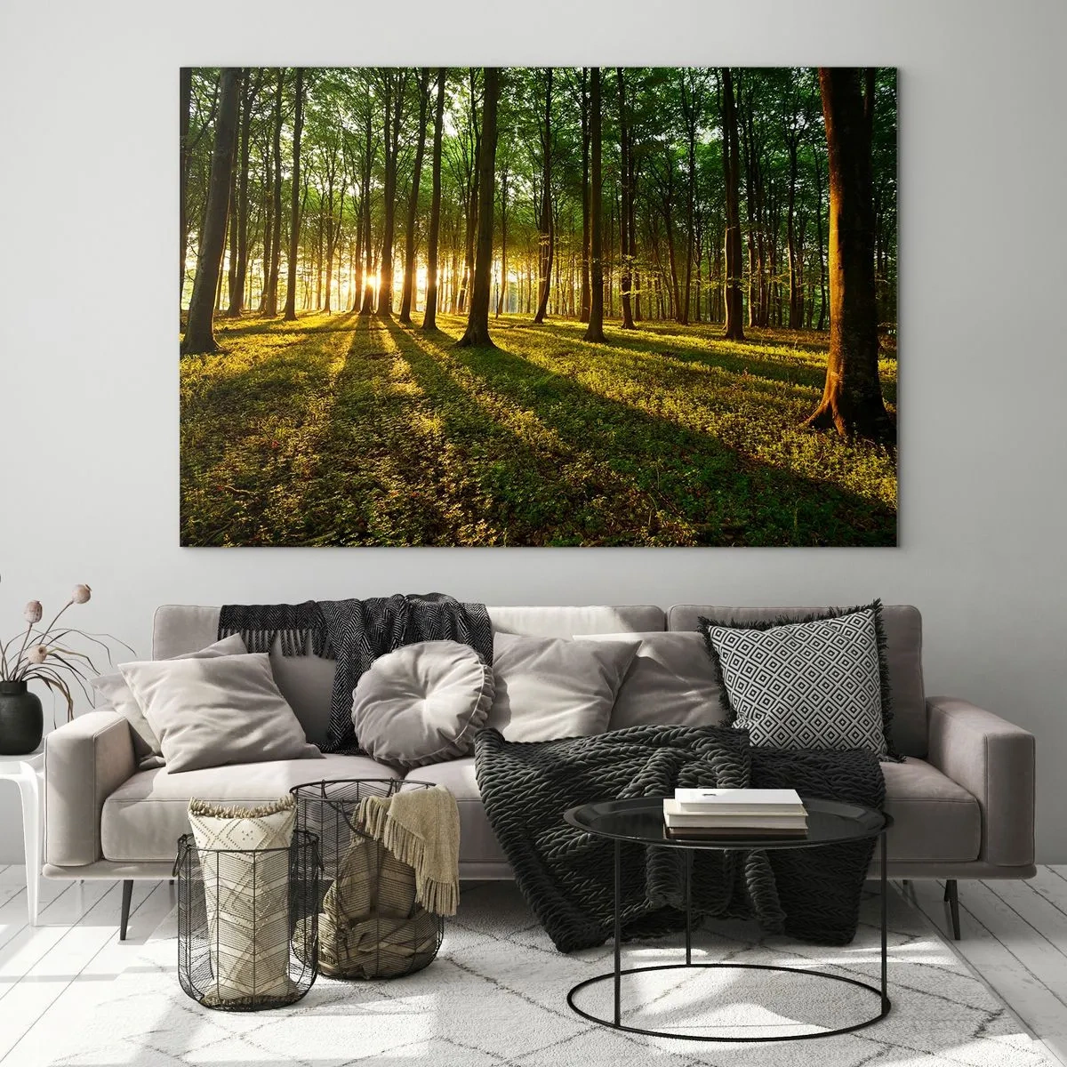 Cuadro sobre vidrio - Impresiones sobre Vidrio - Un claro del bosque iluminado por los rayos del sol naciente. - 120x80cm - Una fotografía de todos los manantiales - Decoración de pared moderna para salón y dormitorio ARTTOR