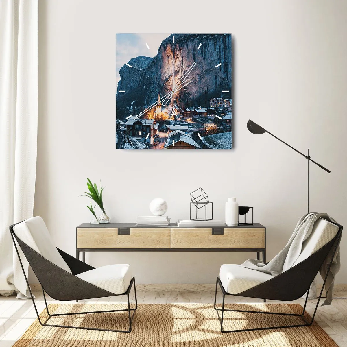 Reloj de pared - Reloj de vidrio - Un pintoresco pueblo invernal rodeado de montañas. - 30x30cm - El espíritu luminoso del invierno - Decoración de pared moderna para salón y dormitorio ARTTOR