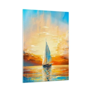 Cuadro sobre vidrio - Impresiones sobre Vidrio - Un velero en el mar a la luz del sol poniente. - 50x70cm - Navegando en oro - Decoración de pared moderna para salón y dormitorio ARTTOR