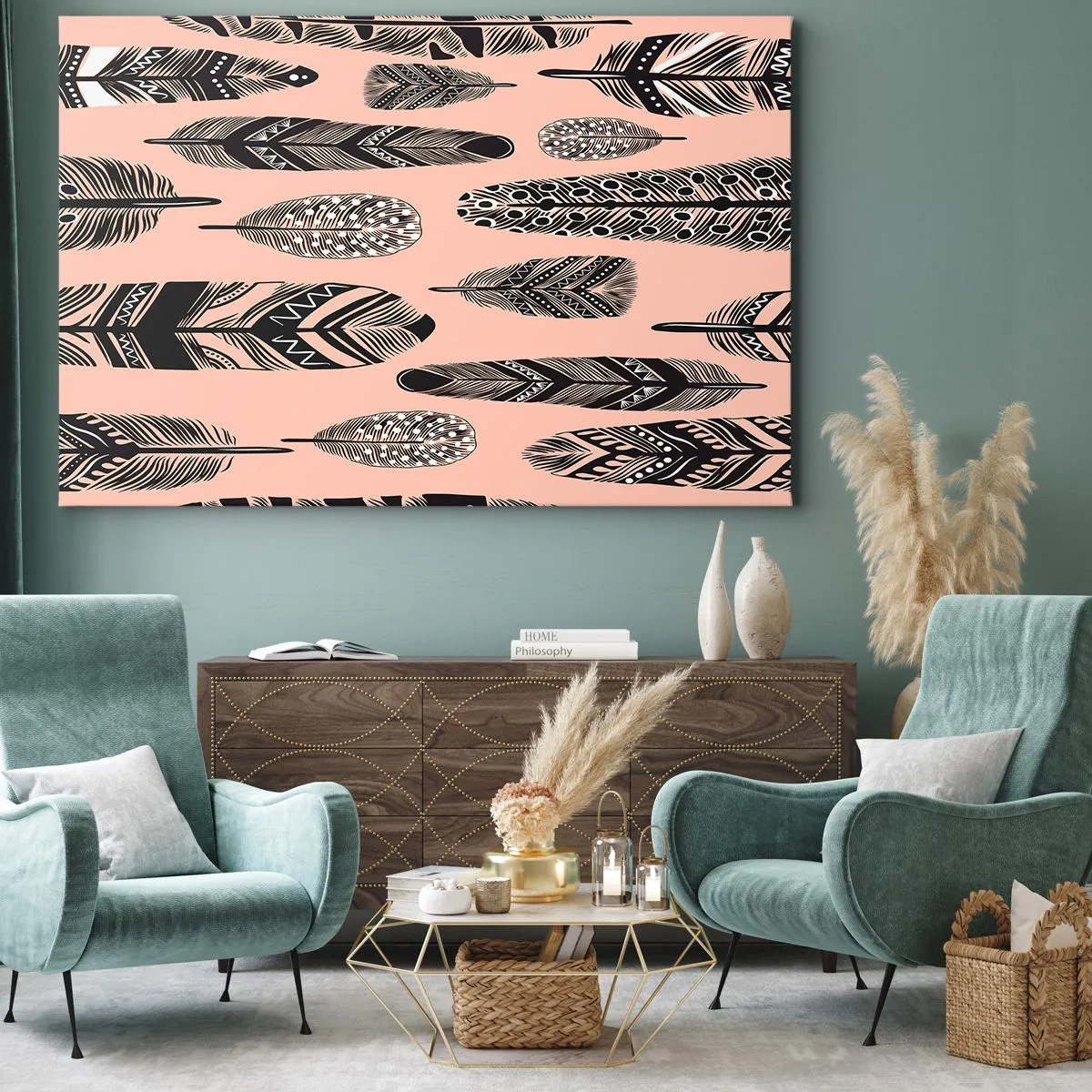 Cuadro sobre lienzo - Impresión de Imagen - Plumas decorativas sobre un fondo claro. - 70x50cm - Una colección india - Decoración de pared moderna para salón y dormitorio ARTTOR