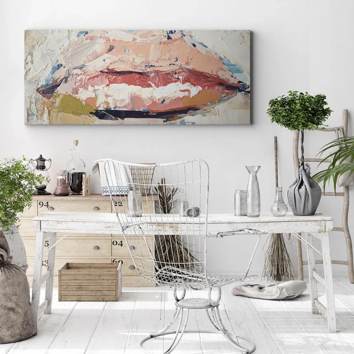 Cuadro sobre lienzo - Impresión de Imagen - Una composición abstracta que representa los labios de una mujer en colores pastel. - 140x50cm - Despierta los sentidos - Decoración de pared moderna para salón y dormitorio ARTTOR