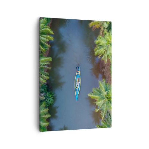 Cuadro sobre lienzo - Impresión de Imagen - Una vista de pájaro de un barco en un río rodeado de palmeras. - 50x70cm - En un sendero tropical - Decoración de pared moderna para salón y dormitorio ARTTOR
