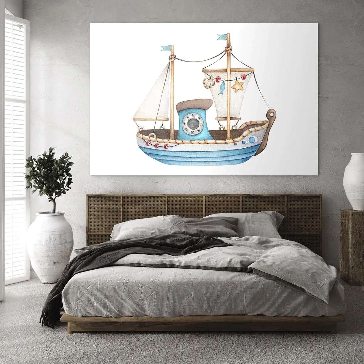 Cuadro sobre vidrio - Impresiones sobre Vidrio - Ilustración de un barco infantil sobre un fondo blanco. - 100x70cm - A la aventura - Decoración de pared moderna para salón y dormitorio ARTTOR