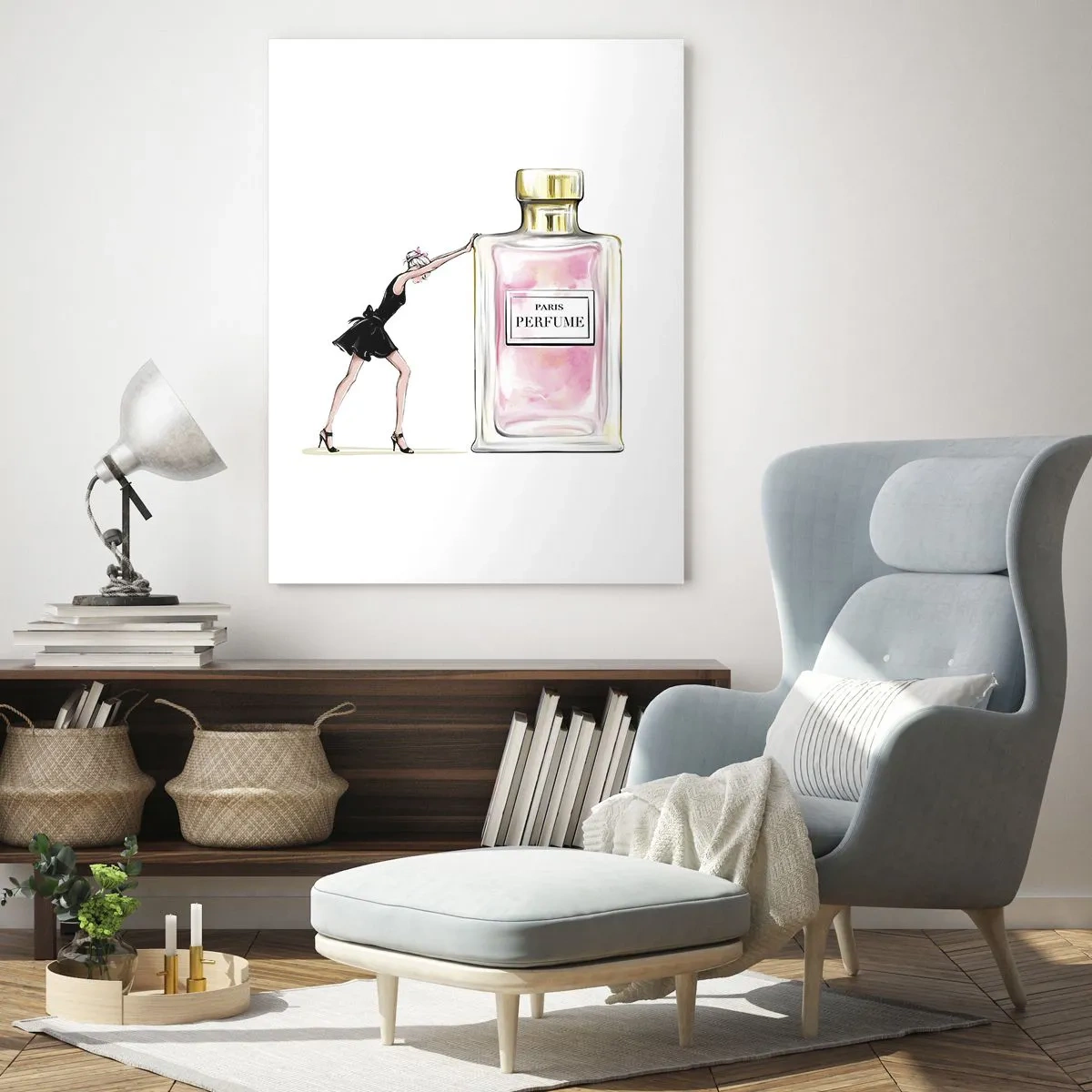 Cuadro sobre vidrio - Impresiones sobre Vidrio - Una mujer con un vestido negro junto a un gran frasco de perfume. - 50x70cm - La esencia de la feminidad - Decoración de pared moderna para salón y dormitorio ARTTOR