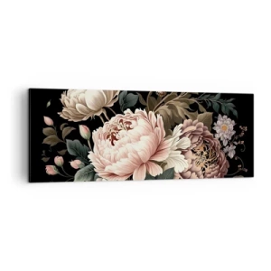 Cuadro sobre lienzo - Impresión de Imagen - Un ramo de flores rosas y mariposas sobre un fondo negro. - 140x50cm - En estilo barroco - Decoración de pared moderna para salón y dormitorio ARTTOR