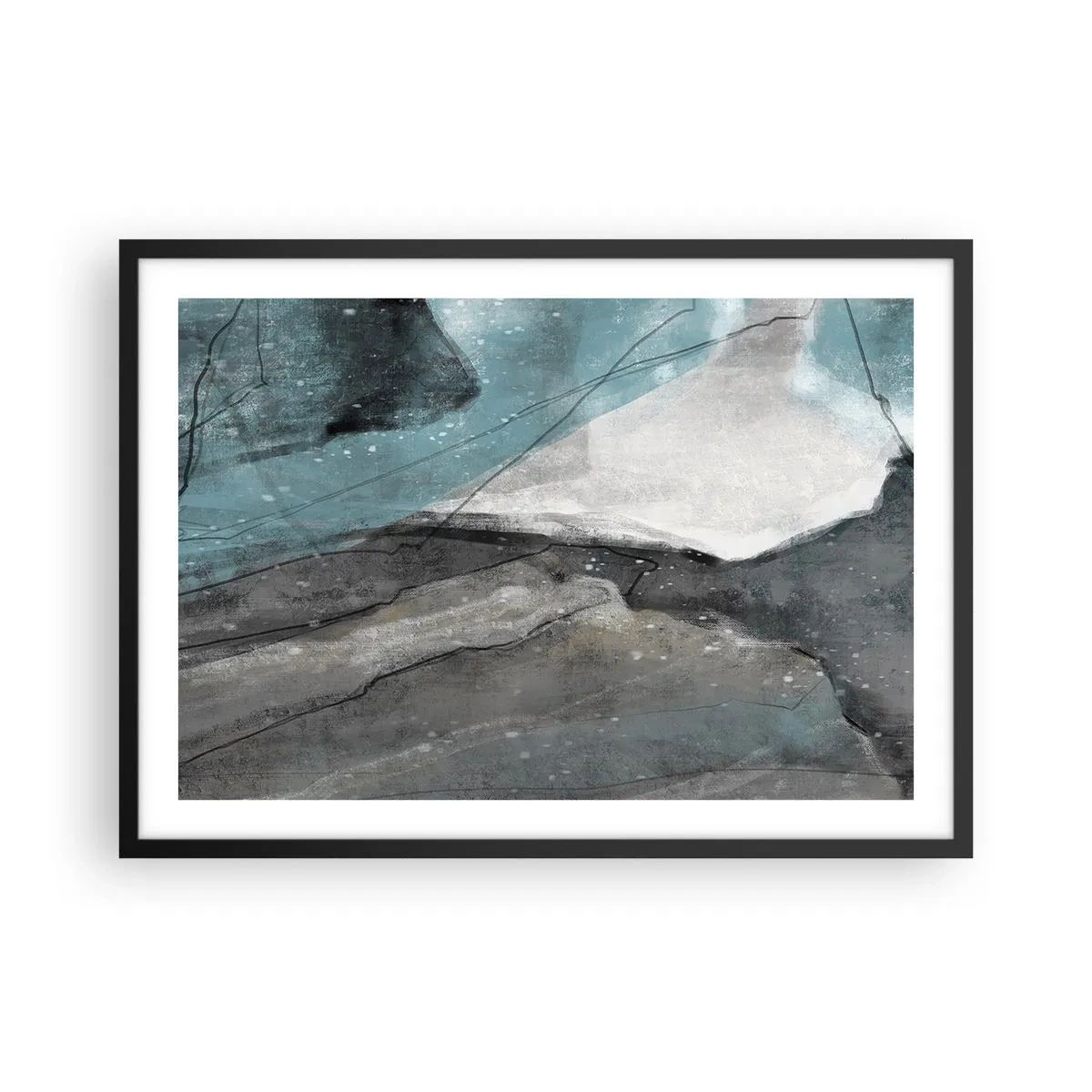 Póster en marco negro - Composición abstracta en tonos grises y azules. - 70x50cm - Abstracción: rocas y hielo - Decoración de pared moderna para salón y dormitorio ARTTOR
