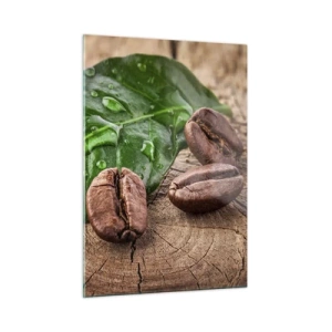 Cuadro sobre vidrio - Impresiones sobre Vidrio - Granos de café sobre un fondo de hojas y madera. - 50x70cm - El auténtico y negro - Decoración de pared moderna para salón y dormitorio ARTTOR