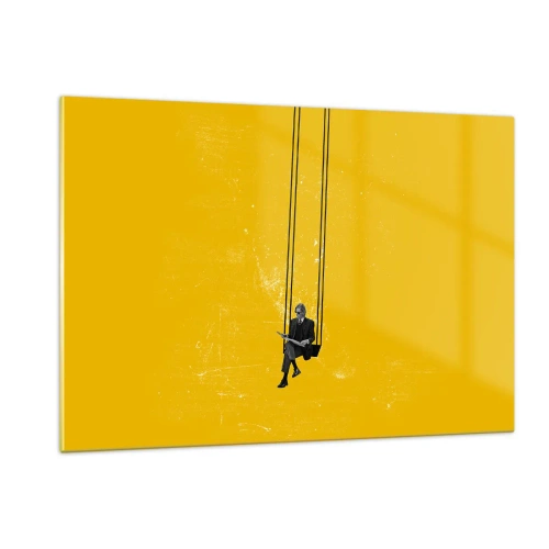 Cuadro sobre vidrio - Impresiones sobre Vidrio - Una figura en un columpio colgando sobre un fondo amarillo. - 120x80cm - Un día como cualquier otro - Decoración de pared moderna para salón y dormitorio ARTTOR
