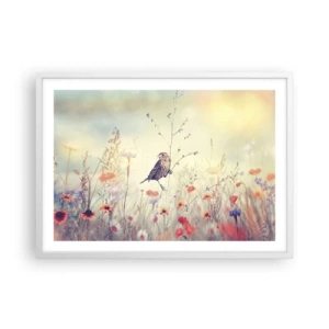 Póster en marco blanco - Retrato de pájaro con prado de fondo - 70x50 cm