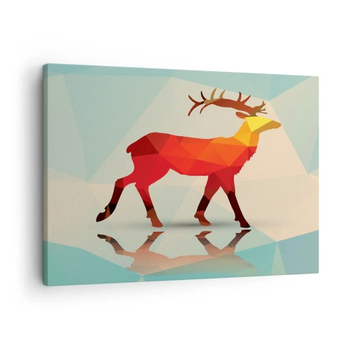 Cuadro sobre lienzo - Impresión de Imagen - Silueta geométrica de un ciervo en tonos rojos y naranjas. - 70x50cm - Ciervo geométrico - Decoración de pared moderna para salón y dormitorio ARTTOR