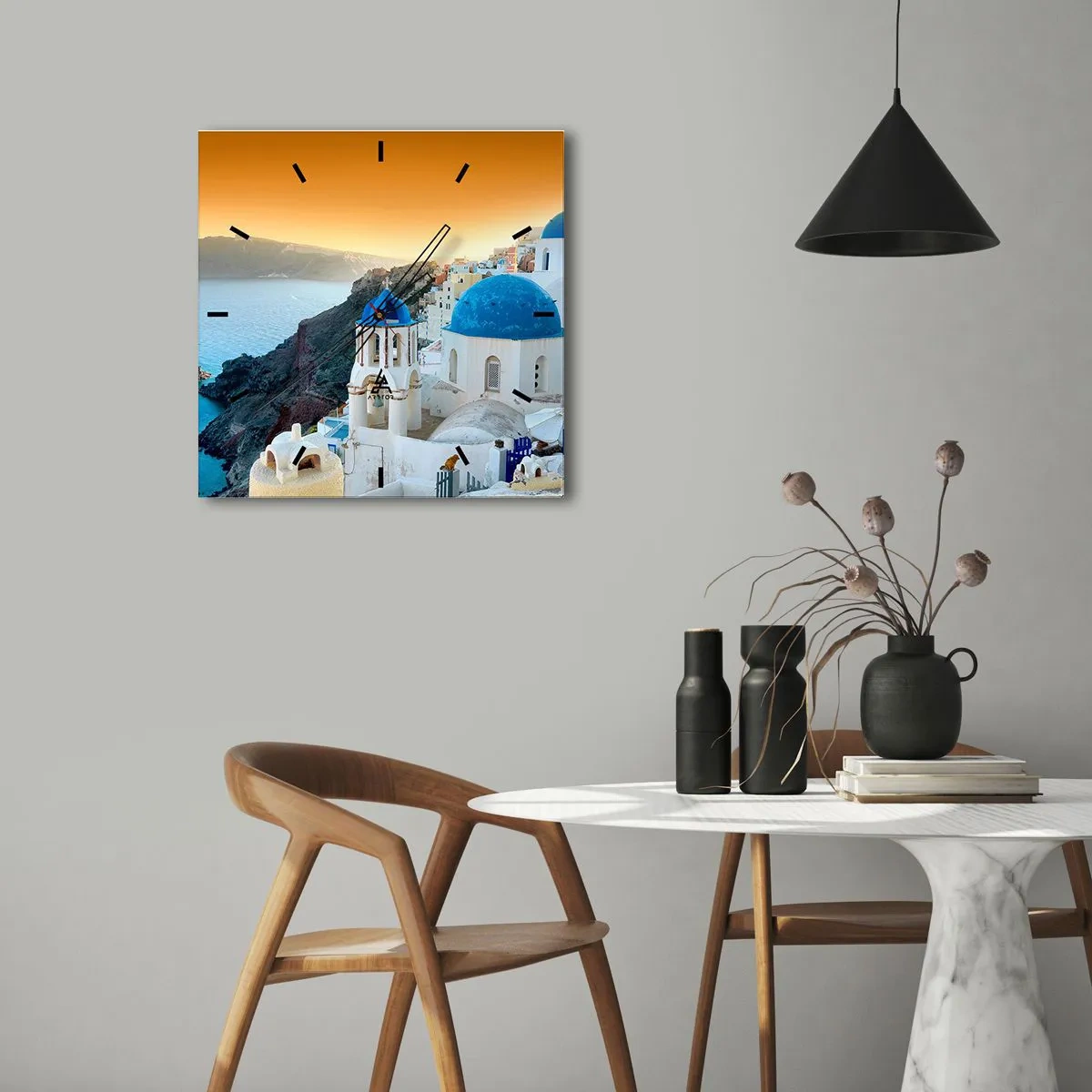Reloj de pared - Reloj de vidrio - Santorini - el abrazo a las rocas - 40x40 cm
