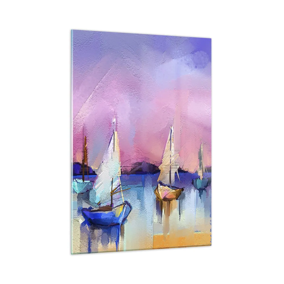 Cuadro sobre vidrio - Impresiones sobre Vidrio - Marina abstracta con veleros al atardecer - 50x70cm - Dirección alta mar - Decoración de pared moderna para salón y dormitorio ARTTOR