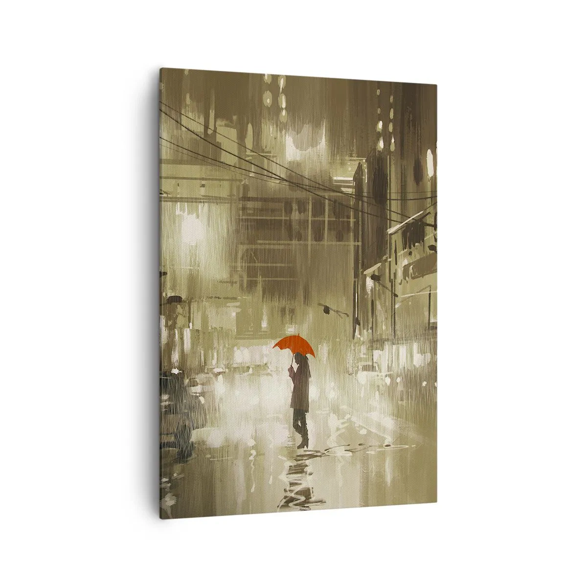 Cuadro sobre lienzo - Impresión de Imagen - Una figura con un paraguas rojo en una ciudad lluviosa. - 70x100cm - Soledad en la urbe - Decoración de pared moderna para salón y dormitorio ARTTOR