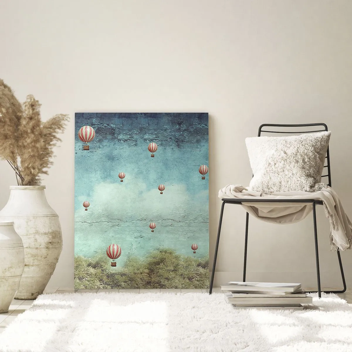 Cuadro sobre vidrio - Impresiones sobre Vidrio - Globos retro contra un cielo azul y un fondo verde. - 80x120cm - Libre del ajetreo de la vida - Decoración de pared moderna para salón y dormitorio ARTTOR