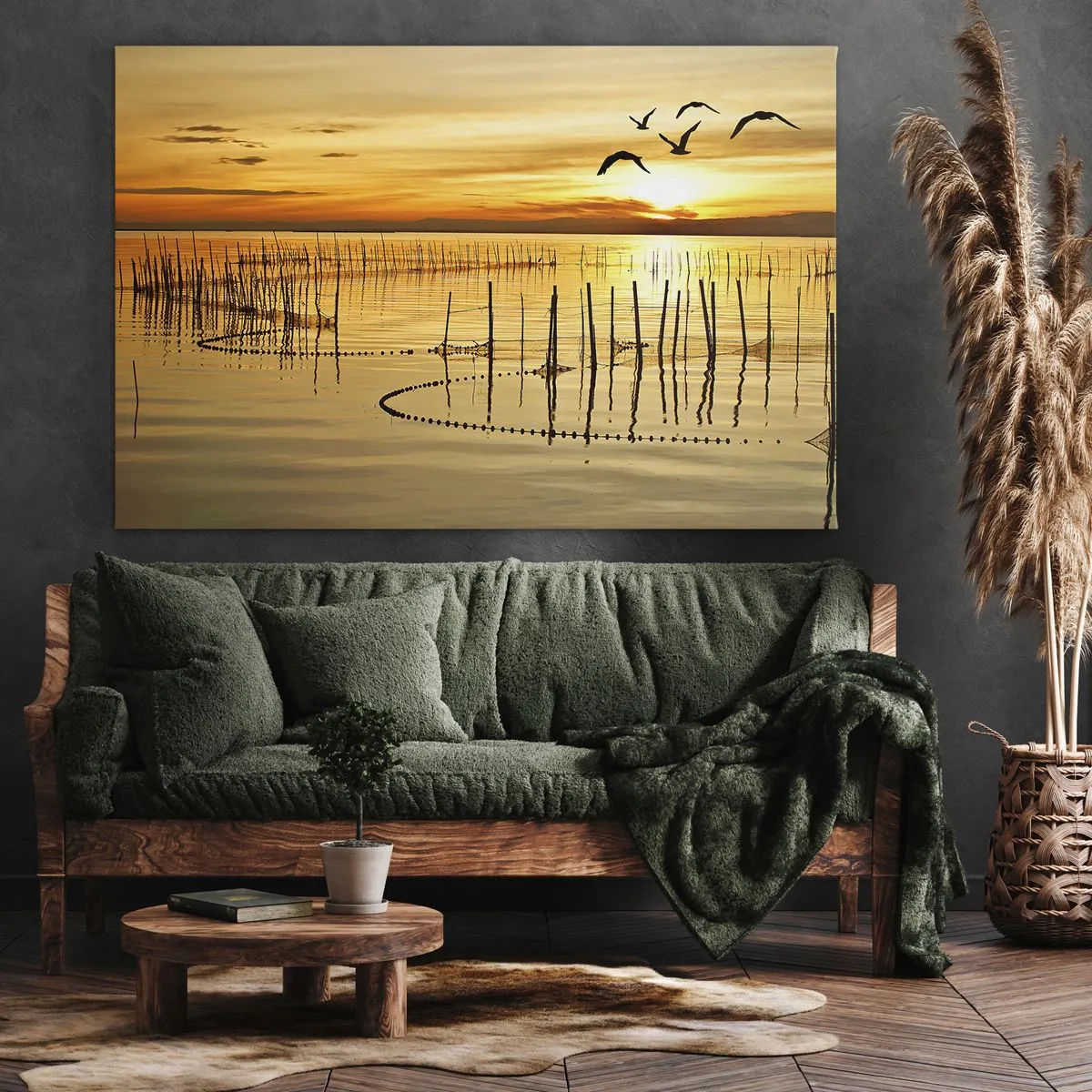 Cuadro sobre lienzo - Impresión de Imagen - Puesta de sol sobre el agua con pájaros en vuelo - 70x50cm - Horizonte naranja - Decoración de pared moderna para salón y dormitorio ARTTOR