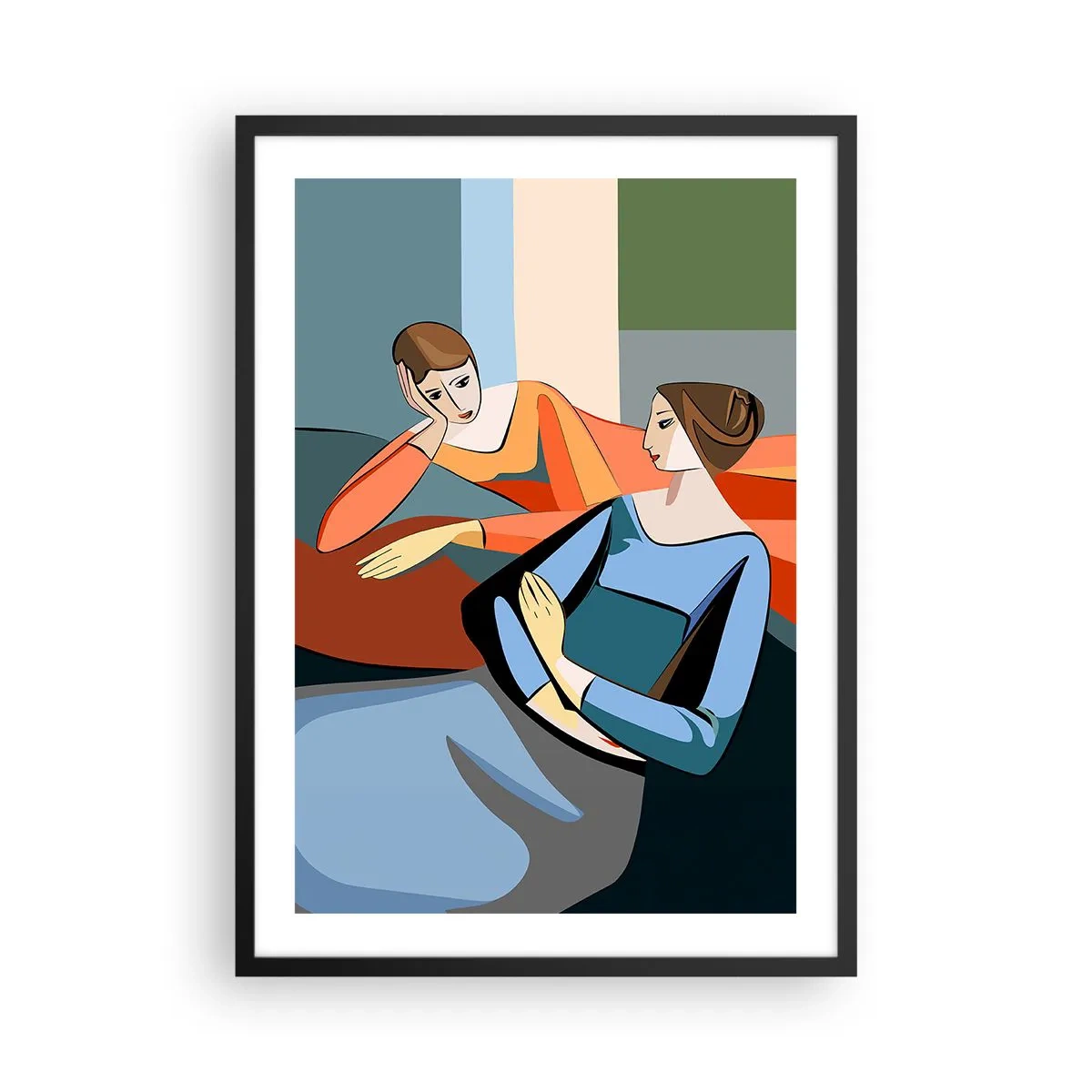 Póster en marco negro - Una ilustración moderna de dos mujeres en estilo cubista. - 50x70cm - Un momento de confidencias - Decoración de pared moderna para salón y dormitorio ARTTOR