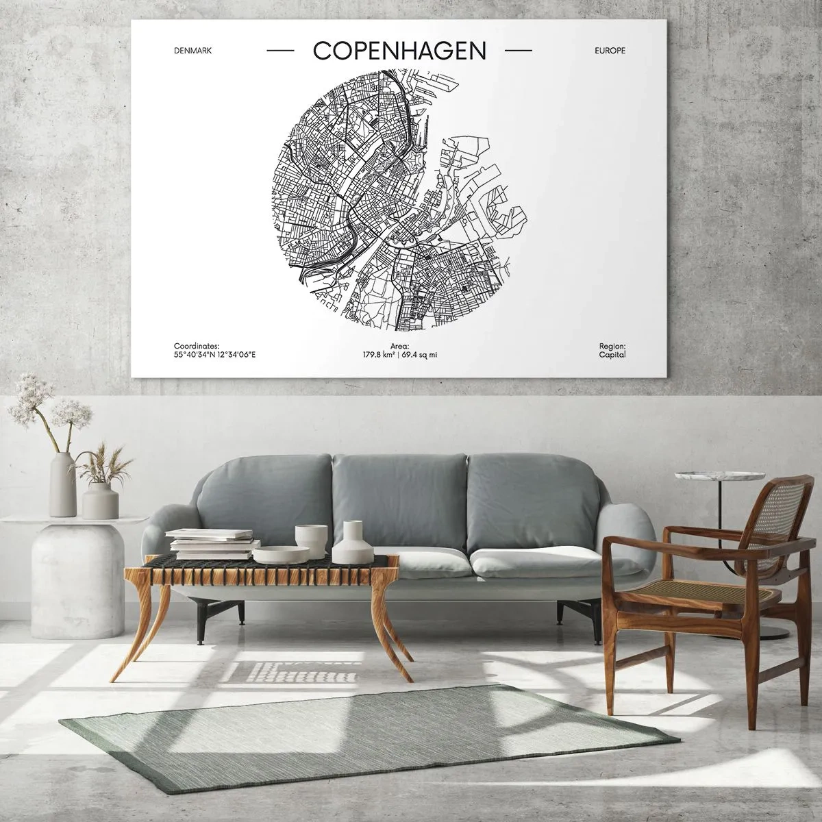 Cuadro sobre vidrio - Impresiones sobre Vidrio - Un mapa de Copenhague en forma de boceto gráfico de calles - 70x50cm - Anatomía de Copenhague - Decoración de pared moderna para salón y dormitorio ARTTOR