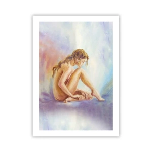 Póster - Una mujer perdida en sus pensamientos sobre un fondo pastel. - 50x70cm - Acto de juventud - Decoración de pared moderna para salón y dormitorio ARTTOR