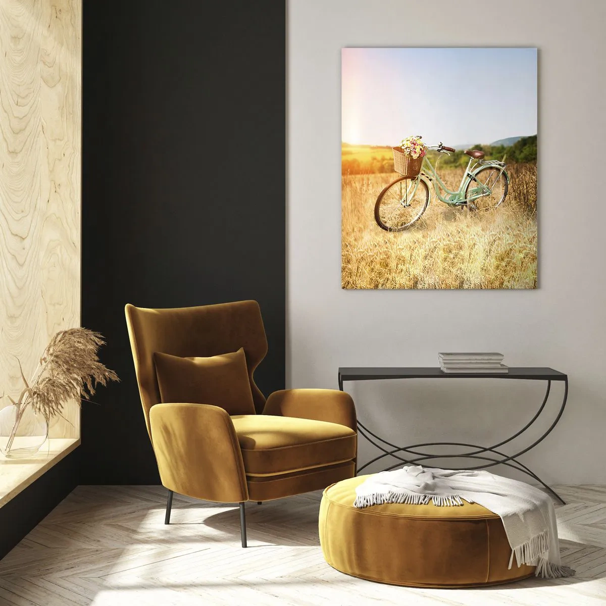 Cuadro sobre vidrio - Impresiones sobre Vidrio - Una bicicleta retro con una cesta llena de flores sobre un fondo de pradera. - 70x100cm - Me quedaré aquí un tiempo - Decoración de pared moderna para salón y dormitorio ARTTOR